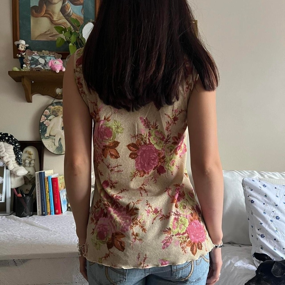 Morgan De Toi Cream Pink Floral Micromesh Tank Top Y2K Vintage - Picture 3 of 5